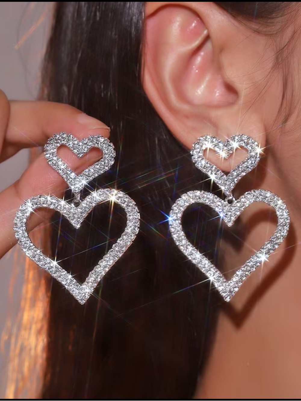 Silver Crystal Double Heart Drop Earrings - Sparkling Women Jewelry